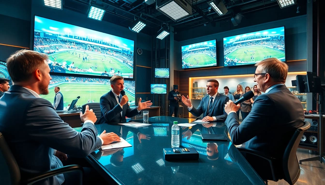 Engaging sports broadcasting scene featuring hosts lively discussing game highlights.