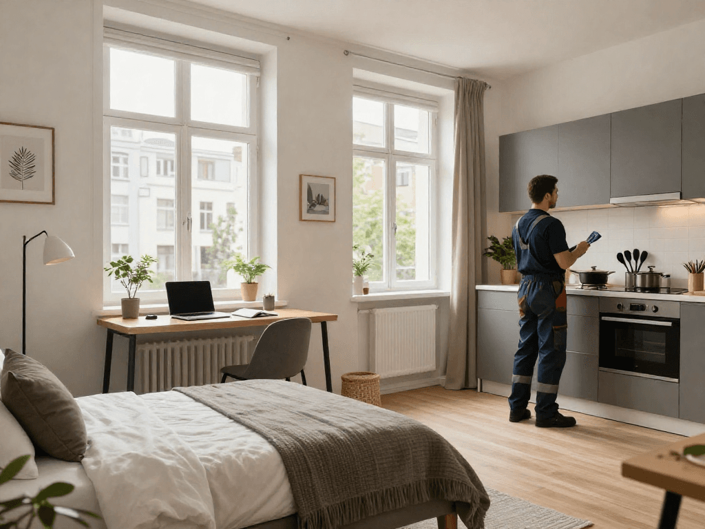 Moderne Monteurzimmer in Hannover, perfekt für Geschäftsreisende mit gemütlichem Bett und kleiner Kochnische.