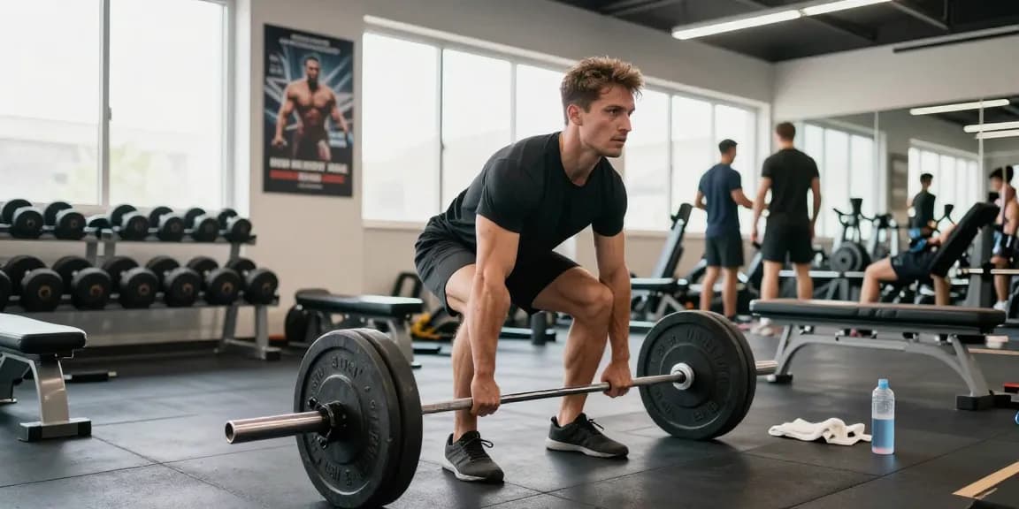 Anabolika Shop: Bodybuilder beim Krafttraining in modernem Fitnessstudio mit Gewichten.