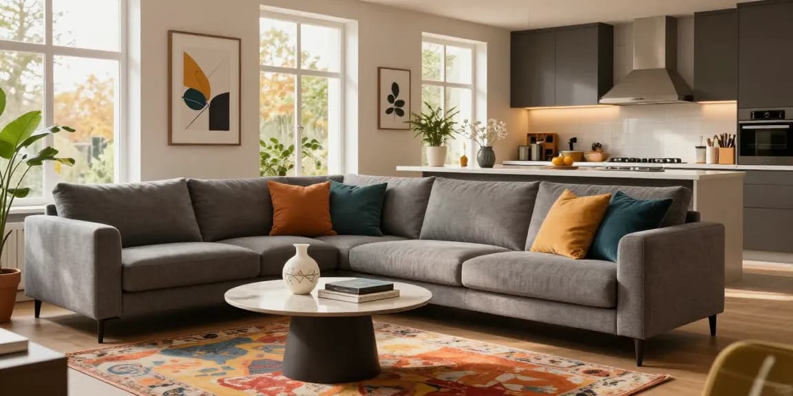 Stylisches Wohnzimmer mit modernen Möbeln für Möbel Deutschland Online Kaufen, das ein graues Sofa und lebendige Dekoration zeigt.