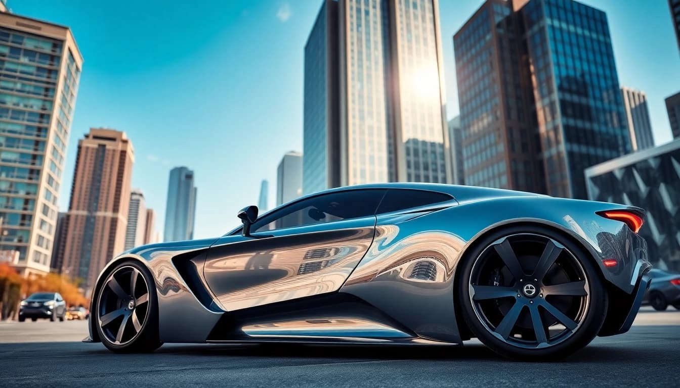 Auto Kufen auf einem futuristischen Auto in städtischer Umgebung