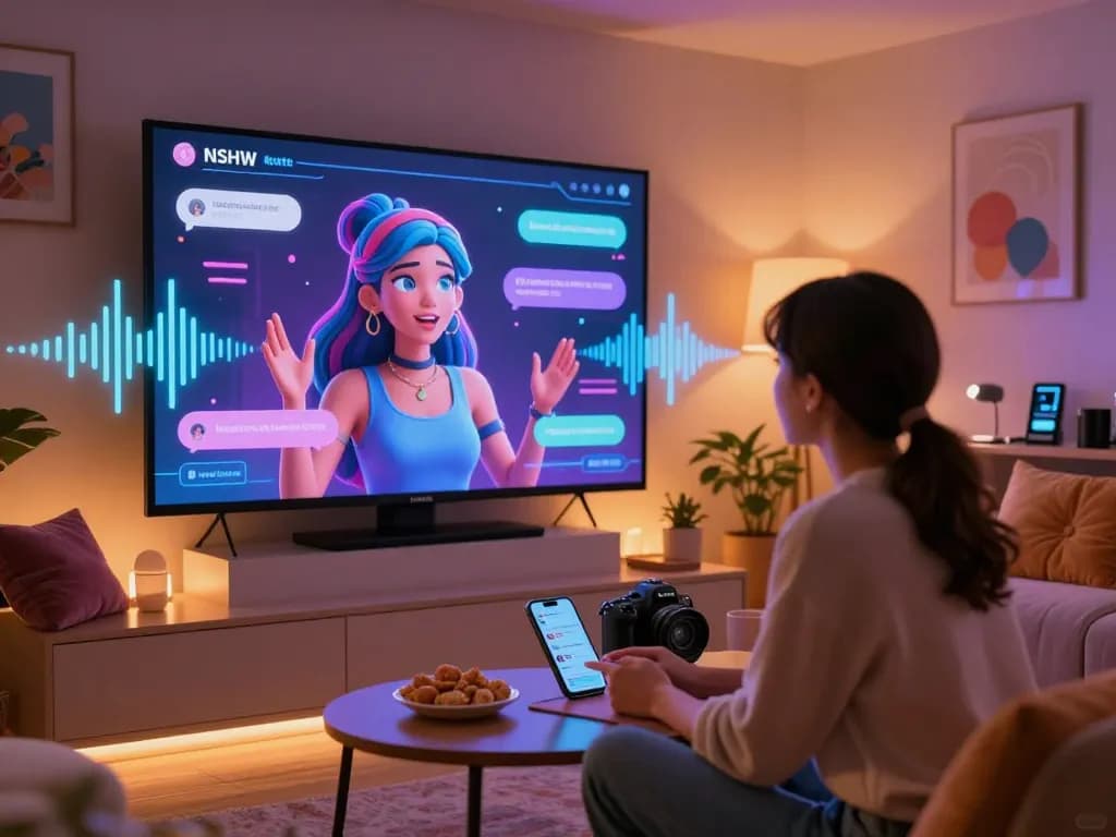 Engaging NSFW chat bot interaction scene with colorful AI character in a cozy lounge environment.