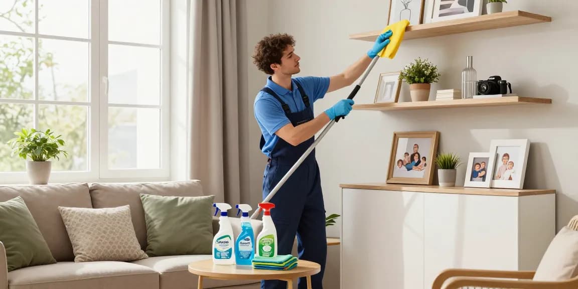 Professional cleaner enhancing a cozy living room through the reinigungsdienst bern service, showcasing cleanliness and order.