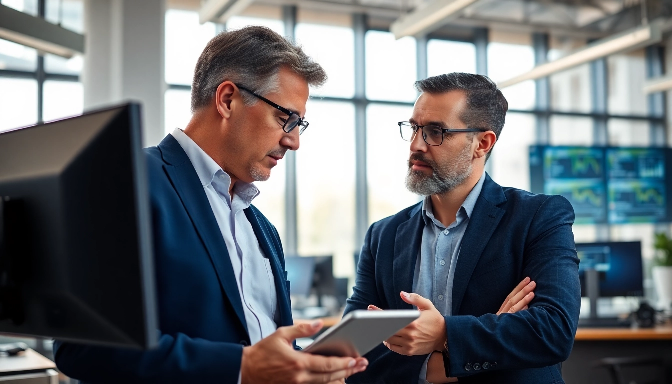 Headhunter IT berät Fachkraft in modernem Büro mit technischen Geräten im Hintergrund.