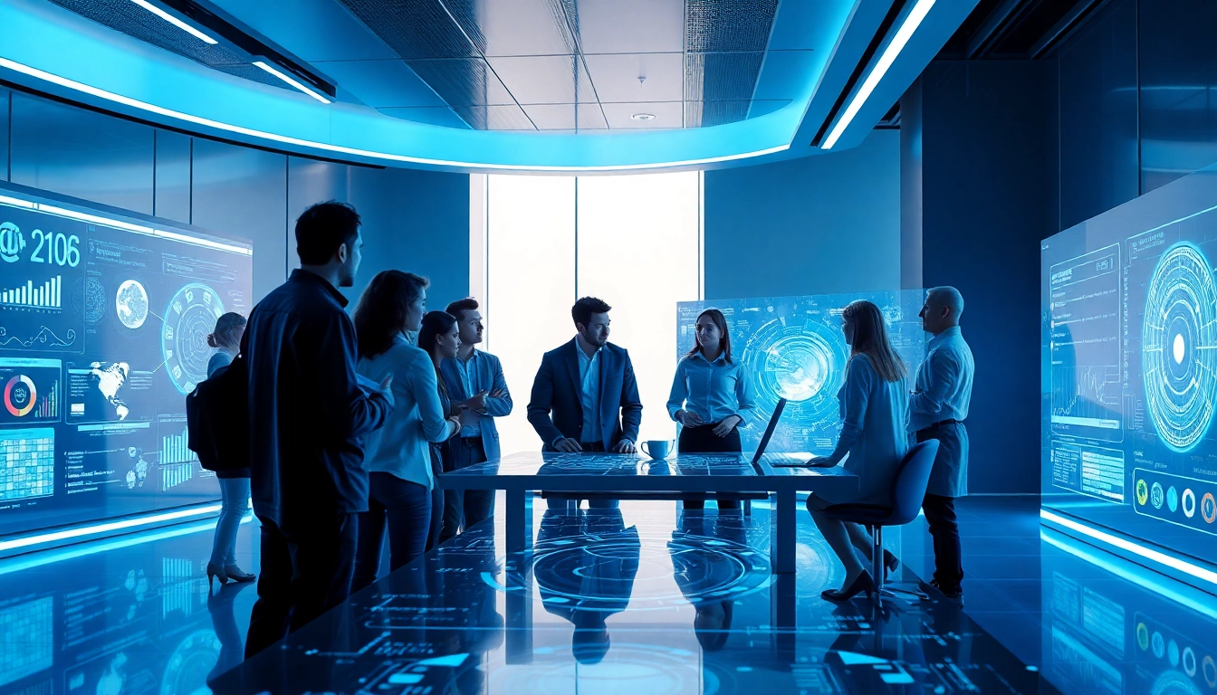Innovative workspace showcasing AI 18+ applications with diverse professionals collaborating.