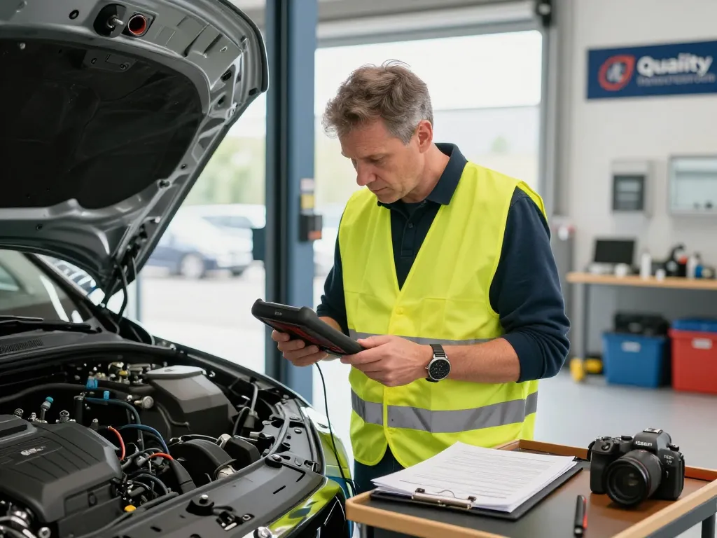 Kfz Sachverständiger Bonn inspiziert ein Fahrzeug in einem professionellen Automobilumfeld mit Diagnosetools.
