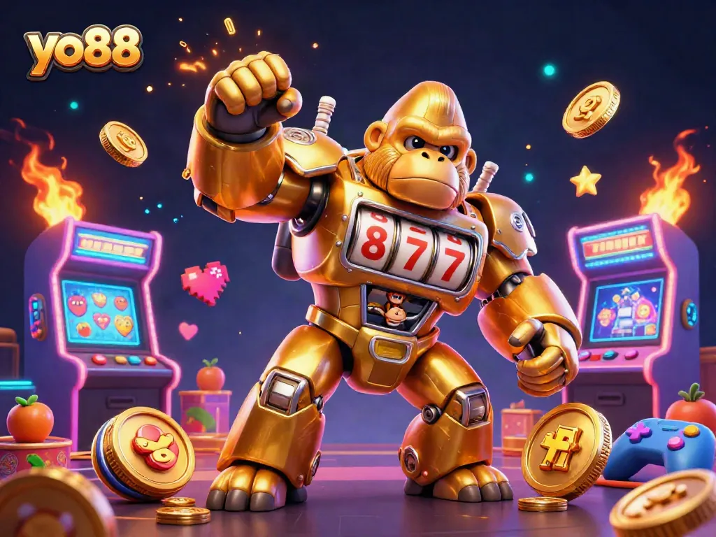 Engage with yo88's thrilling slot machine action featuring a golden gorilla mech and vibrant gaming elements.