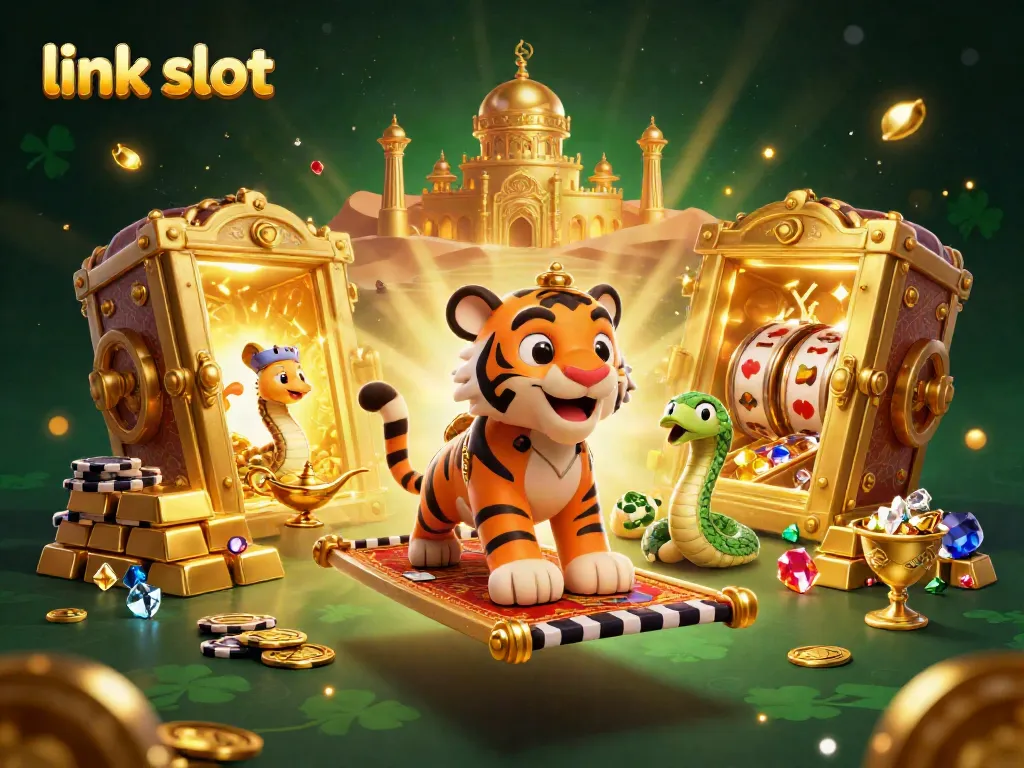 Spin the reels on link slot alongside a regal tiger sultan in a dazzling 3D casino world.