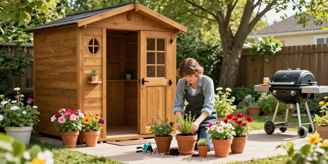 Gartenhaus kaufen für eine gemütliche Oase im Garten, mit bunten Blumen und einem Holzschuppen im Hintergrund.