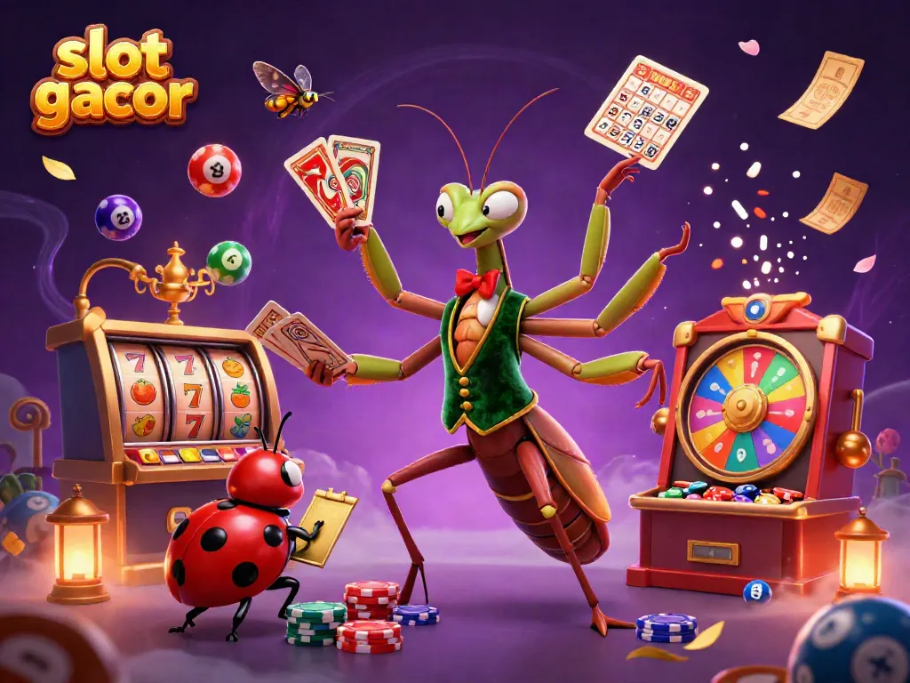 Engaging scene of 'slot gacor' with a giant praying mantis dealing cards and vibrant slots elements.