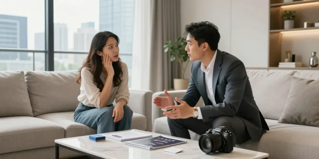 Der beste Immobilienmakler Frankfurt präsentiert eine elegante Wohnung potenziellen Käufern und vermittelt Vertrauen.