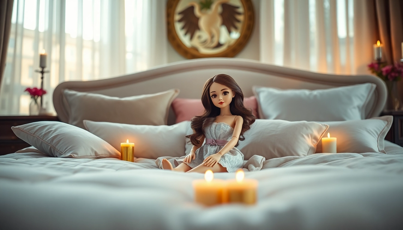 Präsentation von Love Dolls in einem stilvollen Schlafzimmer mit eleganten Details.