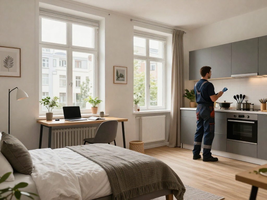 Moderne Monteurzimmer in Hannover, perfekt für Geschäftsreisende mit gemütlichem Bett und kleiner Kochnische.