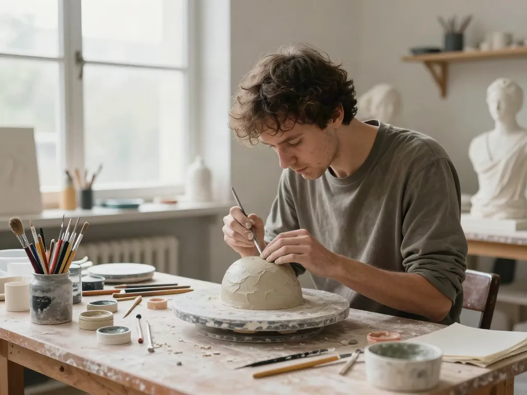 Detailierte Darstellung eines Kunsthandwerkers beim Skulpturenbau mit Werkzeugen und Kunstmaterialien.