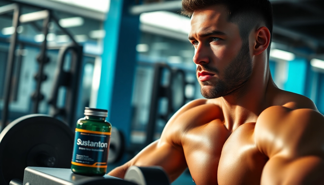 Aktiv im Fitnessstudio mit sustanon kaufen auf dem Trainingsbank sichtbar.