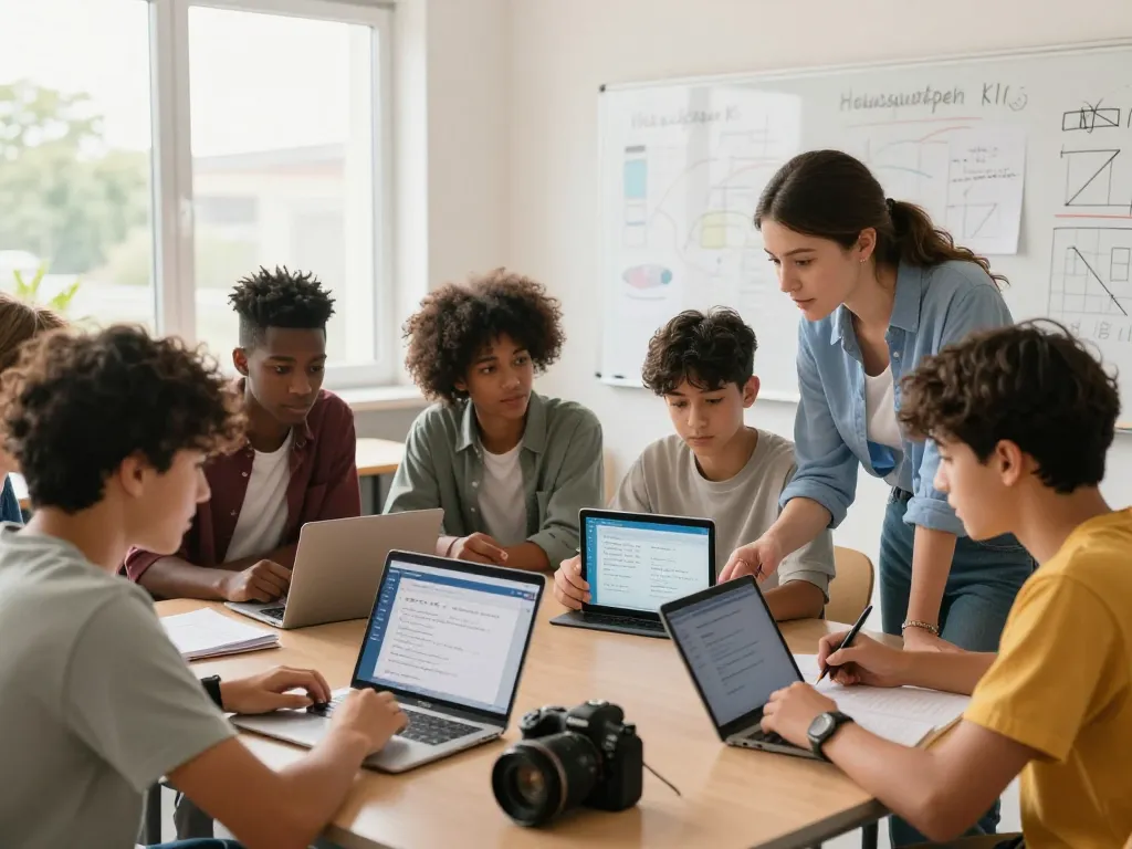Schüler, die mit Hausaufgaben KI in einem modernen Klassenzimmer beschäftigt sind, arbeiten gemeinsam an Hausaufgaben.
