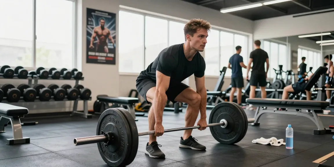 Anabolika Shop: Bodybuilder beim Krafttraining in modernem Fitnessstudio mit Gewichten.