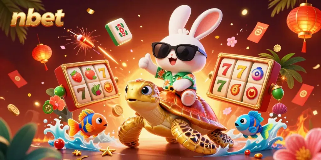 Spin and win with nbet as a lucky rabbit rides a golden sea turtle in a vibrant casino scene.
