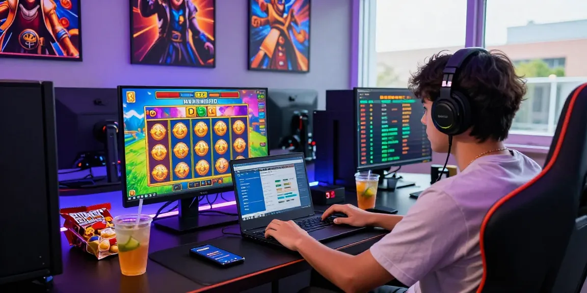 Engaging scene of a gamer enjoying สล็อตเว็บตรง on a laptop with vibrant game graphics