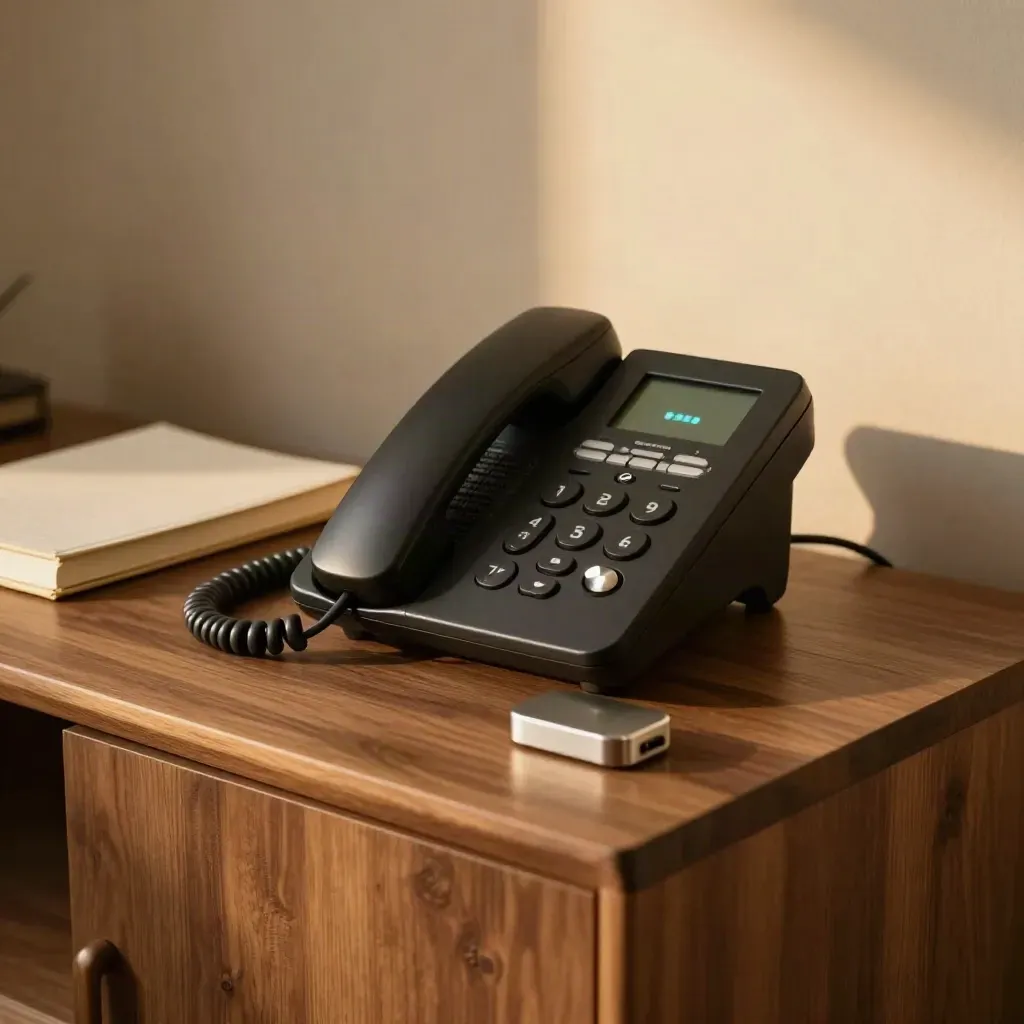 Schnurloses Telefon mit Headset und Notizbuch, die Anrufanzeige leuchtet auf.