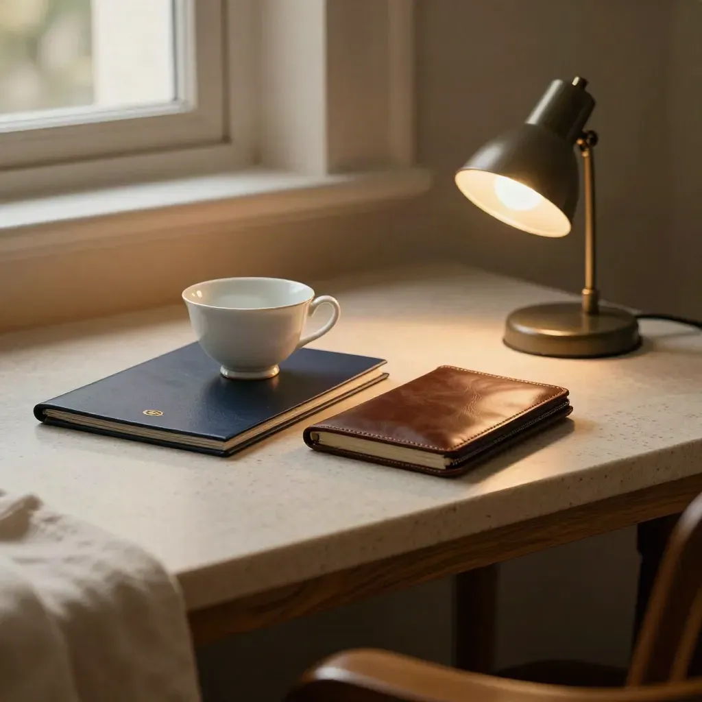 Teetasse, geschlossene Mappe und kleine Lampe auf ruhiger Nachbetreuungsfläche