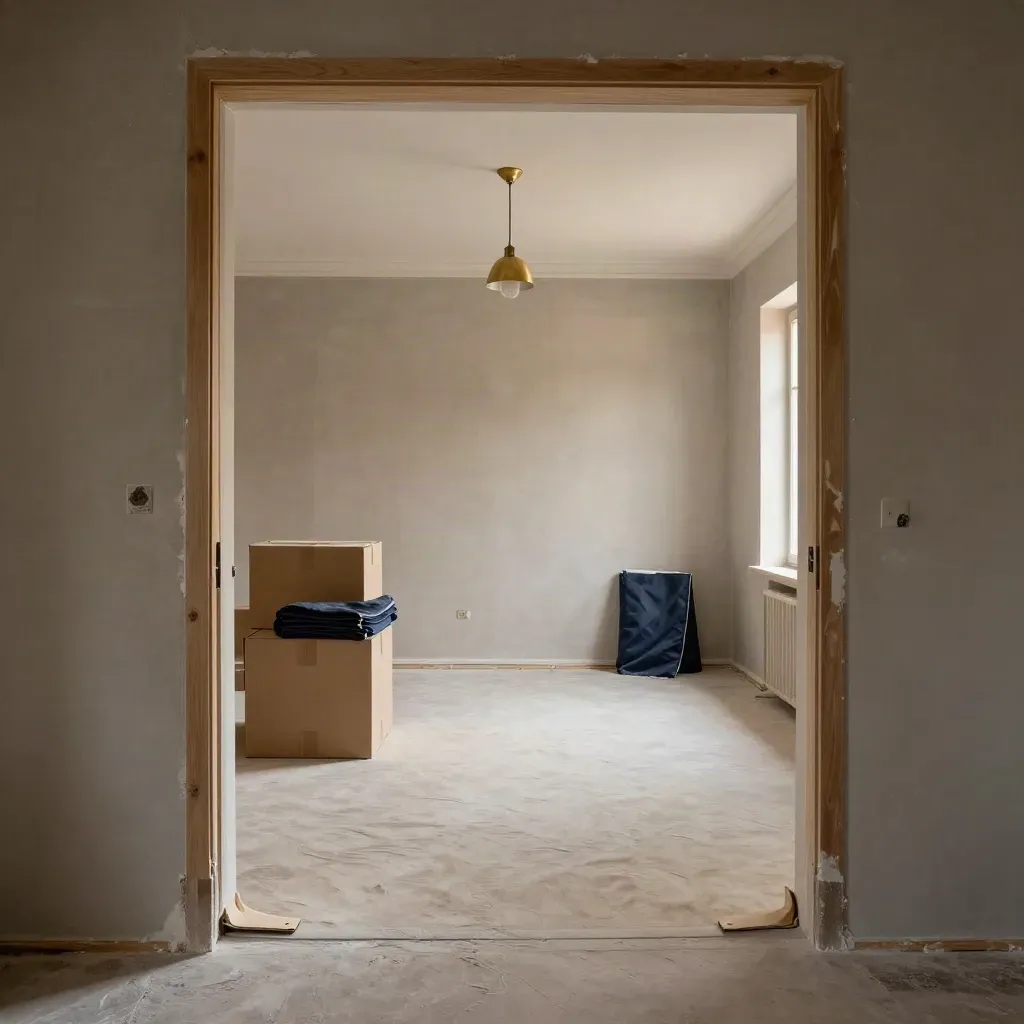 Altbauwohnung vor Umbau, mit Bodenschutz, Kartons und montierten Pendelleuchten