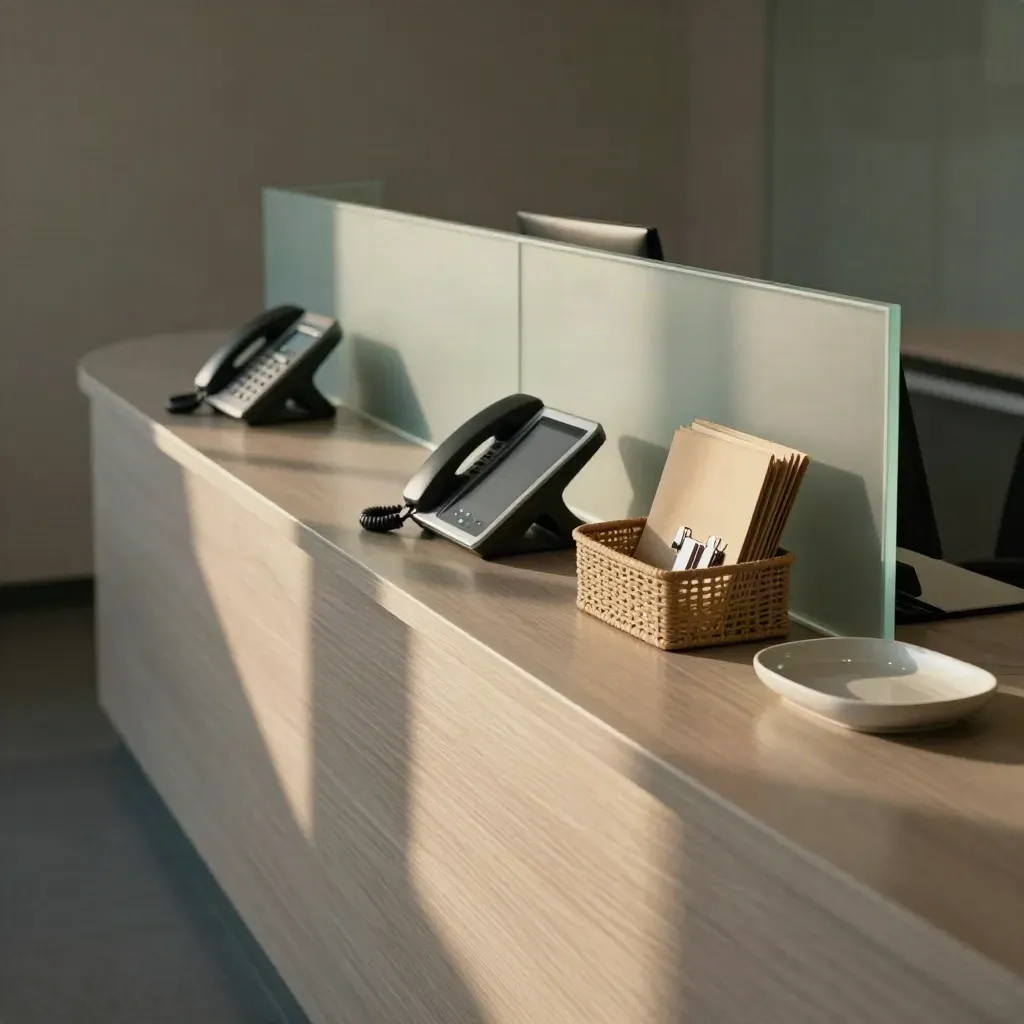 Praxisrezeption mit Telefonstationen, Ladegeräten und Ablagekörben im Morgenlicht