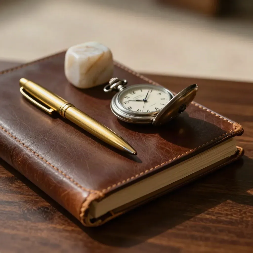 Leder-Terminbuch, Messingstift, Taschenuhr und Travertin-Paperweight auf dunklem Holz im harten Licht.