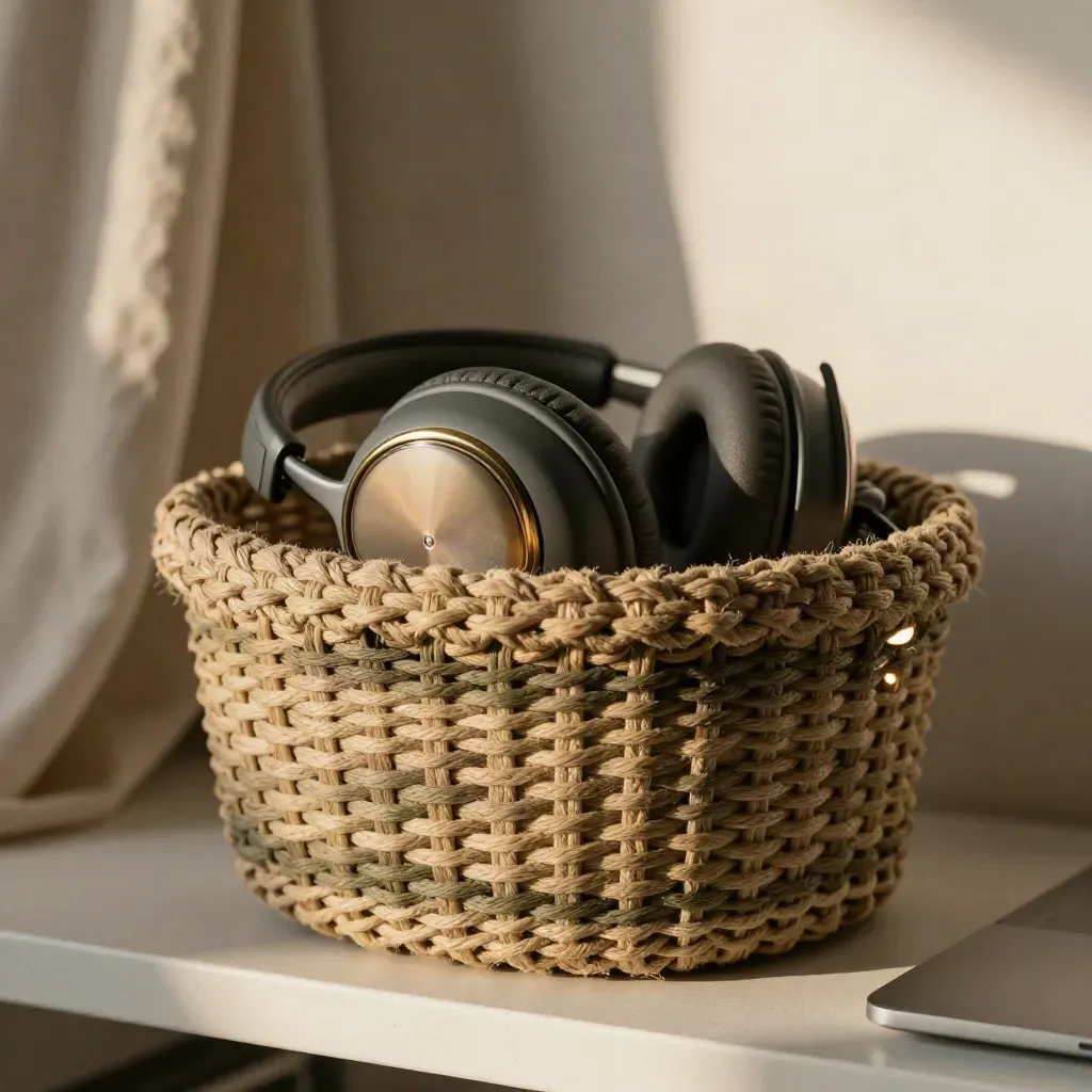 Geflochtener Stoffkorb mit Headset, Stein und rundem Signallicht in warmem Seitenlicht.