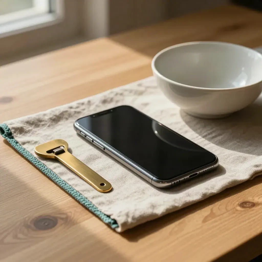Smartphone auf Leinenmatte neben Messingbrieföffner und leerer Keramikschale