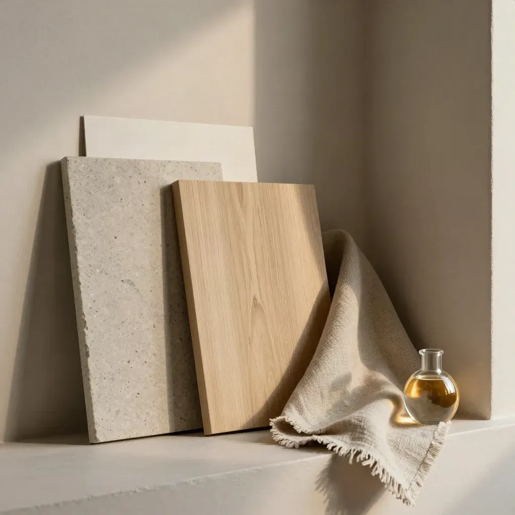 Drei Materialproben aus Stein, Holz und Stoff mit Glasgewicht in einer hellen Wandnische.