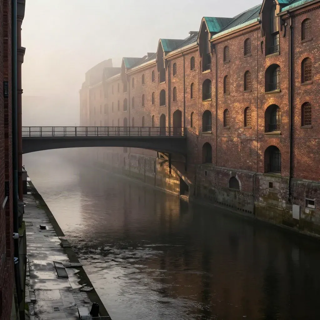 Speicherstadt im Morgennebel mit roten Backsteinbrücken über ruhigem Fleet.