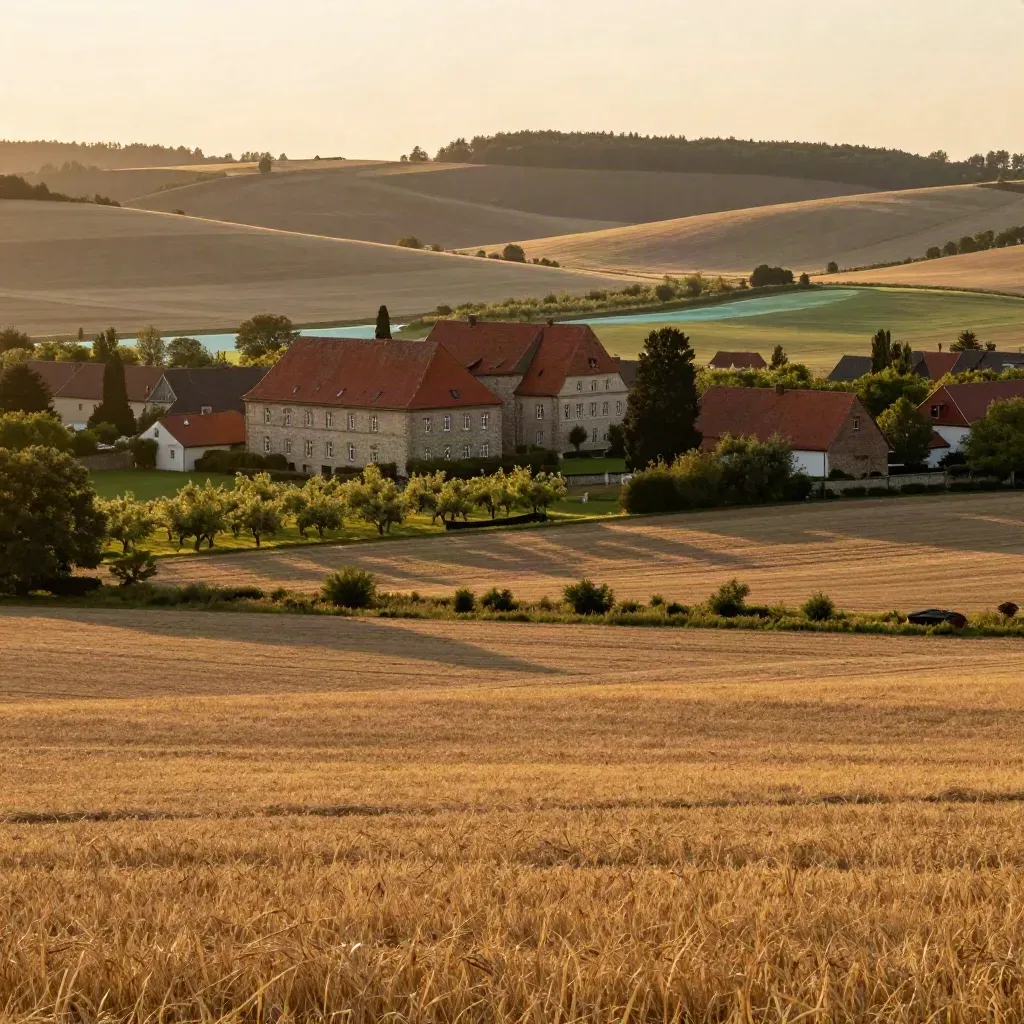 Goldene Hügellandschaft der Holsteinischen Schweiz mit alten Gutshöfen und weitem Feld.