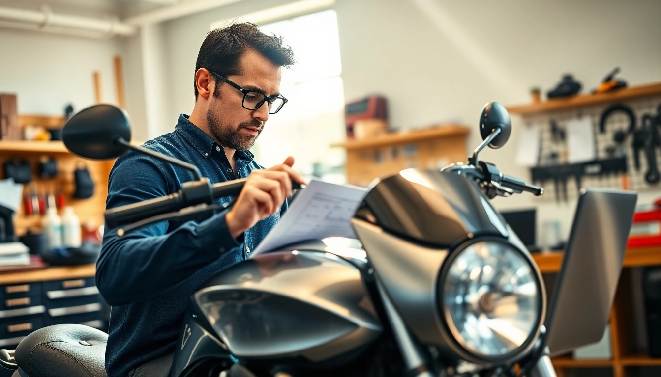 Motorrad Gutachter bewertet ein Motorrad in einem hellen Büro.