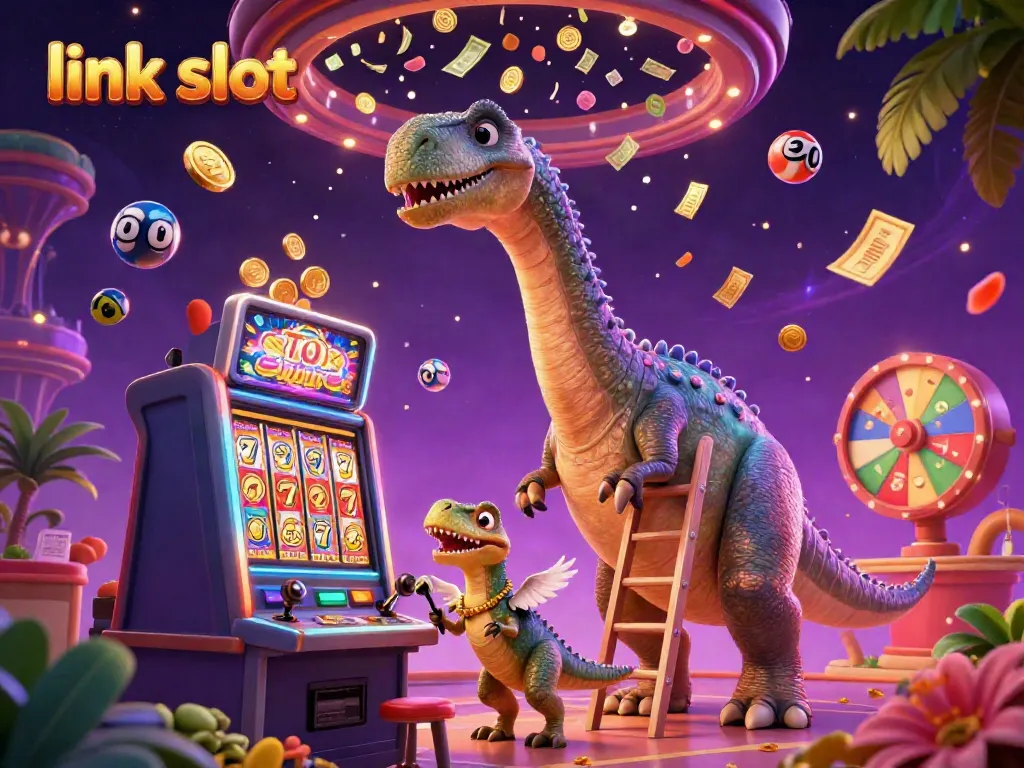 Experience excitement in the vibrant "link slot" casino scene, featuring a gigantic dinosaur interacting with dynamic slot machines.