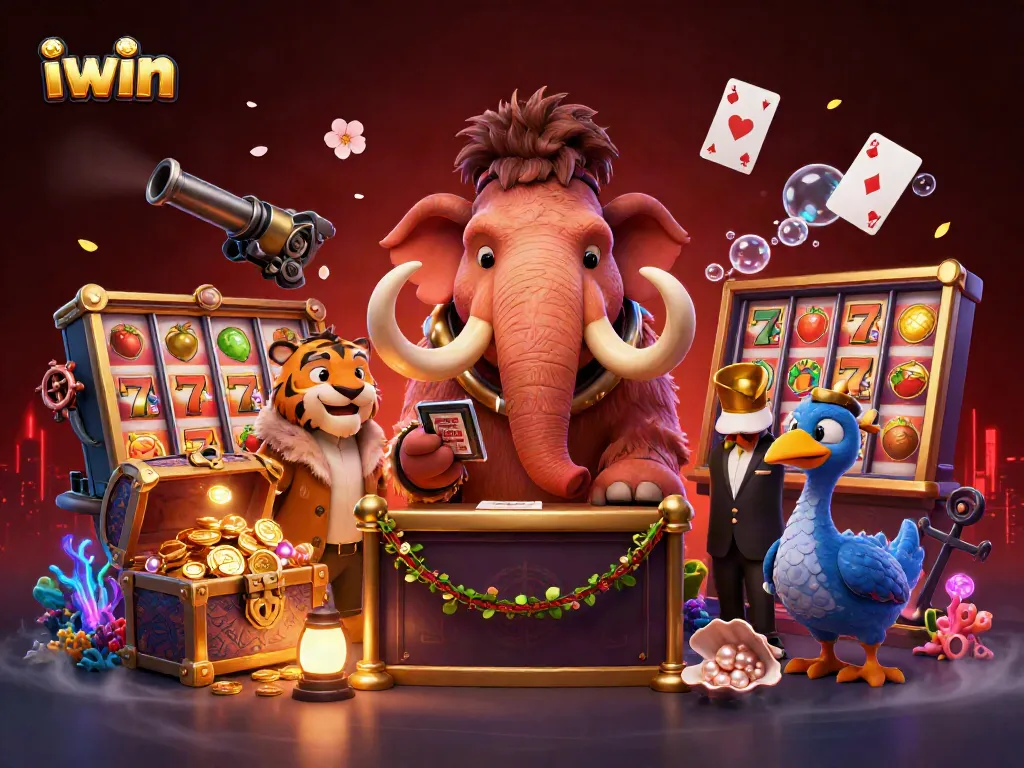 iwin showcases a vibrant casino scene with a woolly mammoth bouncer and slot reels, celebrating exciting gaming.