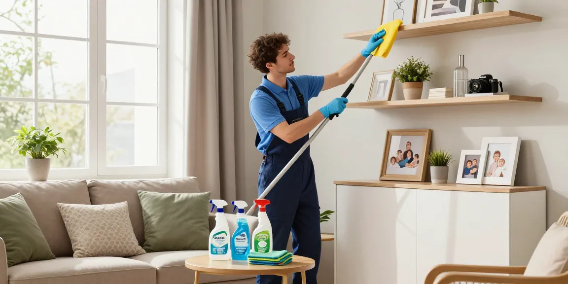 Professional cleaner enhancing a cozy living room through the reinigungsdienst bern service, showcasing cleanliness and order.