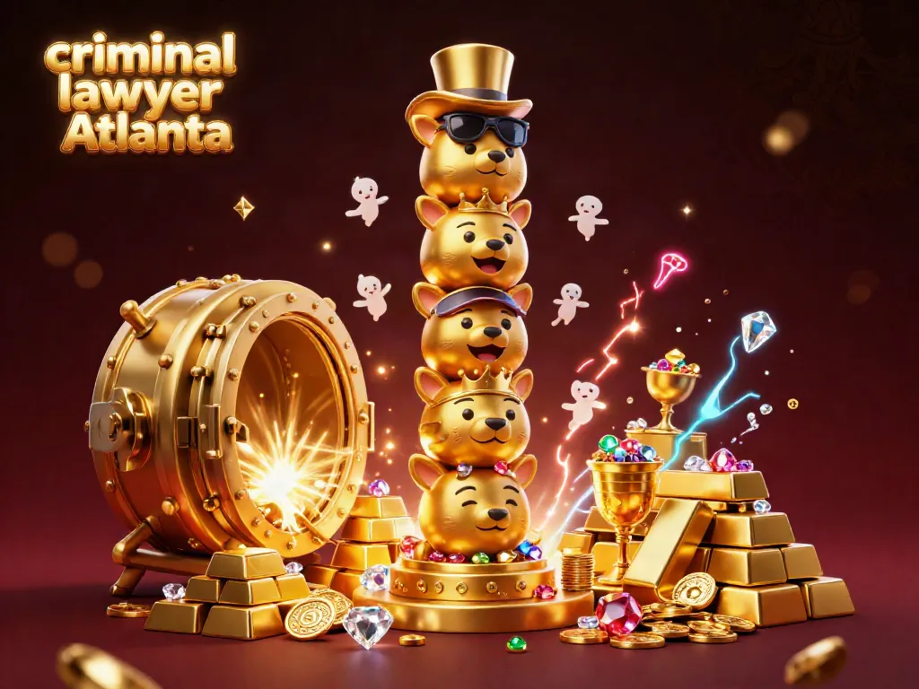 Engaging scene of a criminal lawyer Atlanta amidst vibrant casino elements, showcasing a dynamic golden totem and treasure.
