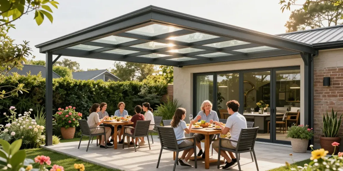 Terrassenüberdachung aus Aluminium, Familie genießt Essen im Garten