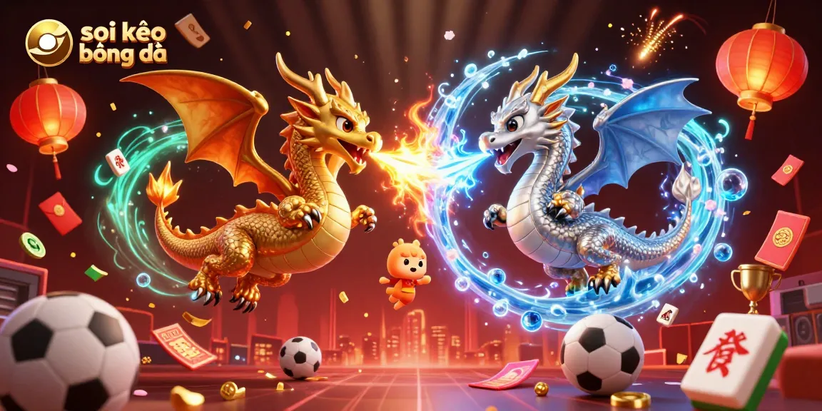 Soi kèo bóng đá illustrated by fierce dragons and dynamic sports elements creating excitement.