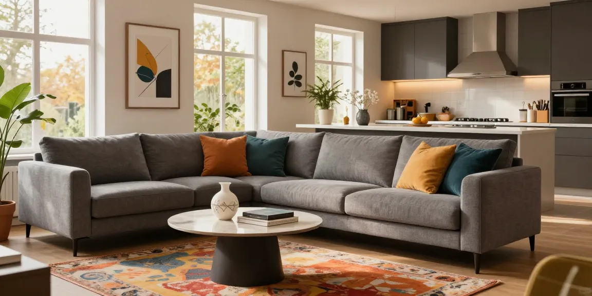 Stylisches Wohnzimmer mit modernen Möbeln für Möbel Deutschland Online Kaufen, das ein graues Sofa und lebendige Dekoration zeigt.