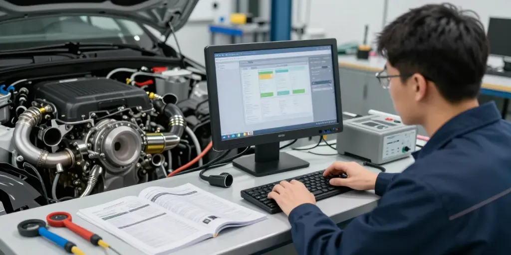 Techniker überwacht die DPF-Regeneration in einer modernen Werkstatt.