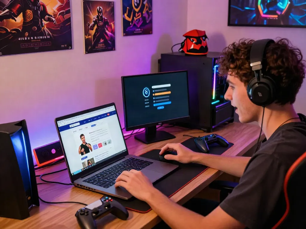 Online gaming scene featuring a player engaged with multiple devices, including TA88 website.
