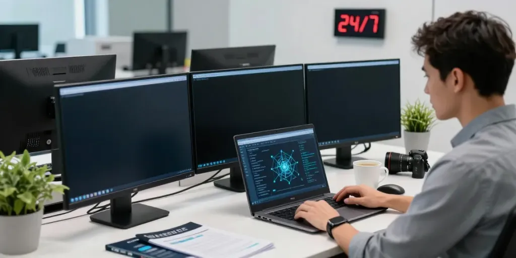 IT-Sicherheit für KMU - Sicherheitsexperte analysiert Systemrisiken in modernem Büro.