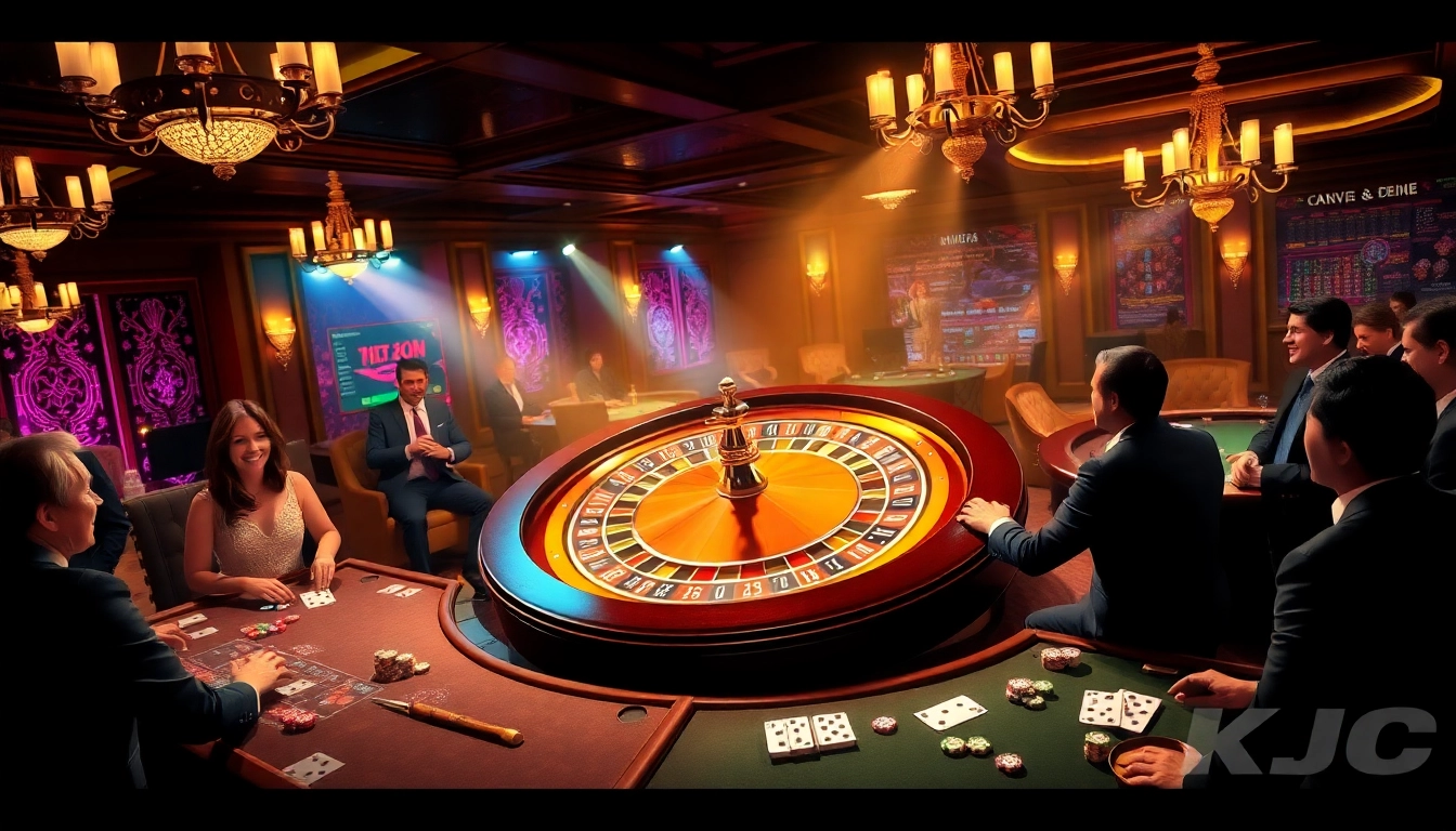 Exciting KJC casino scene showcasing players at roulette tables, engaging with gaming elements.