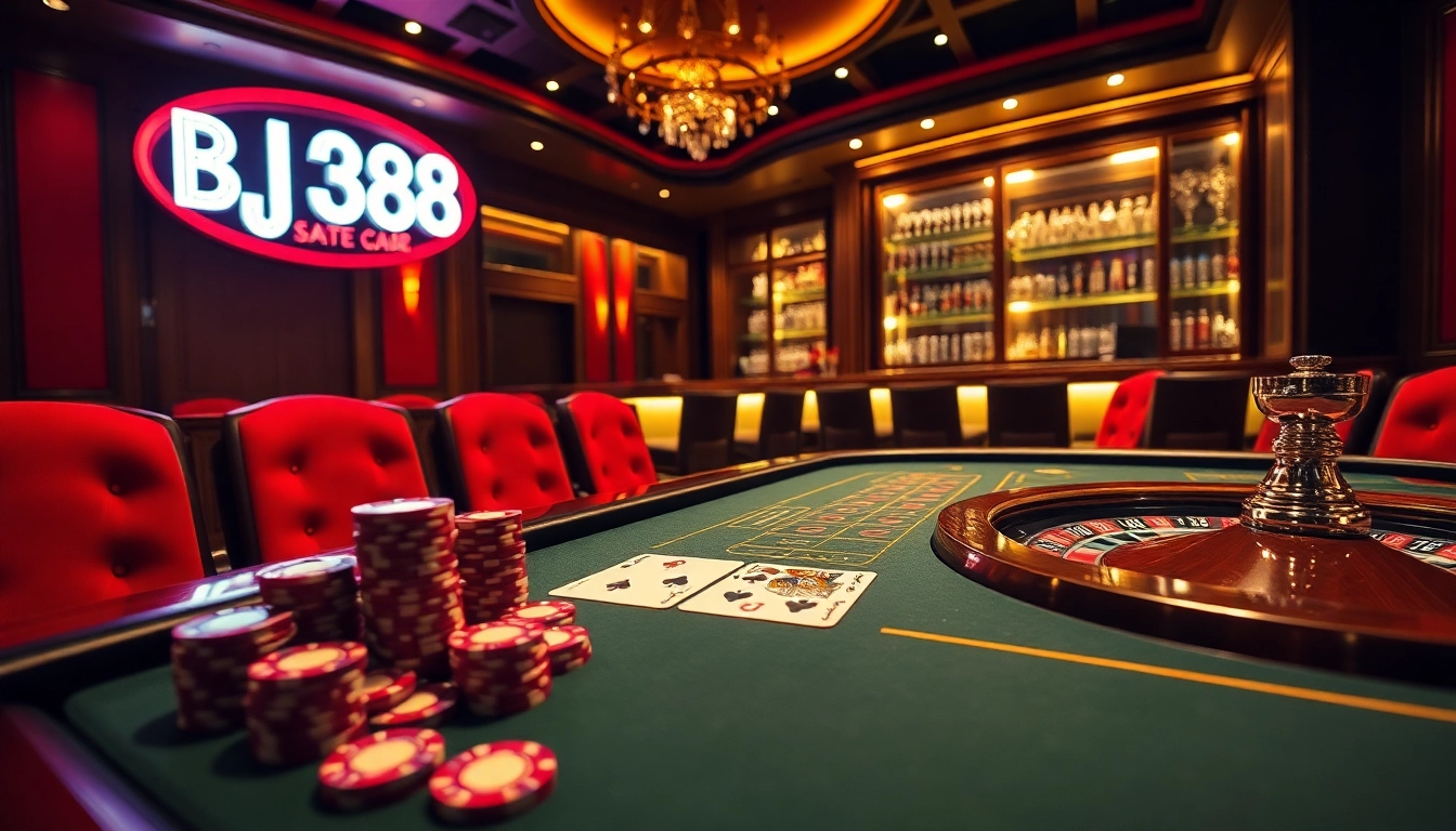 Experience high-stakes excitement at BJ388's luxurious gambling table with poker chips and a roulette wheel.