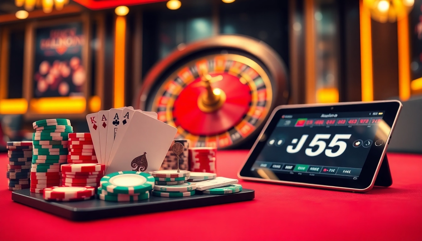 Experience the thrill of winning at JL55 with vibrant casino tables and poker chips.