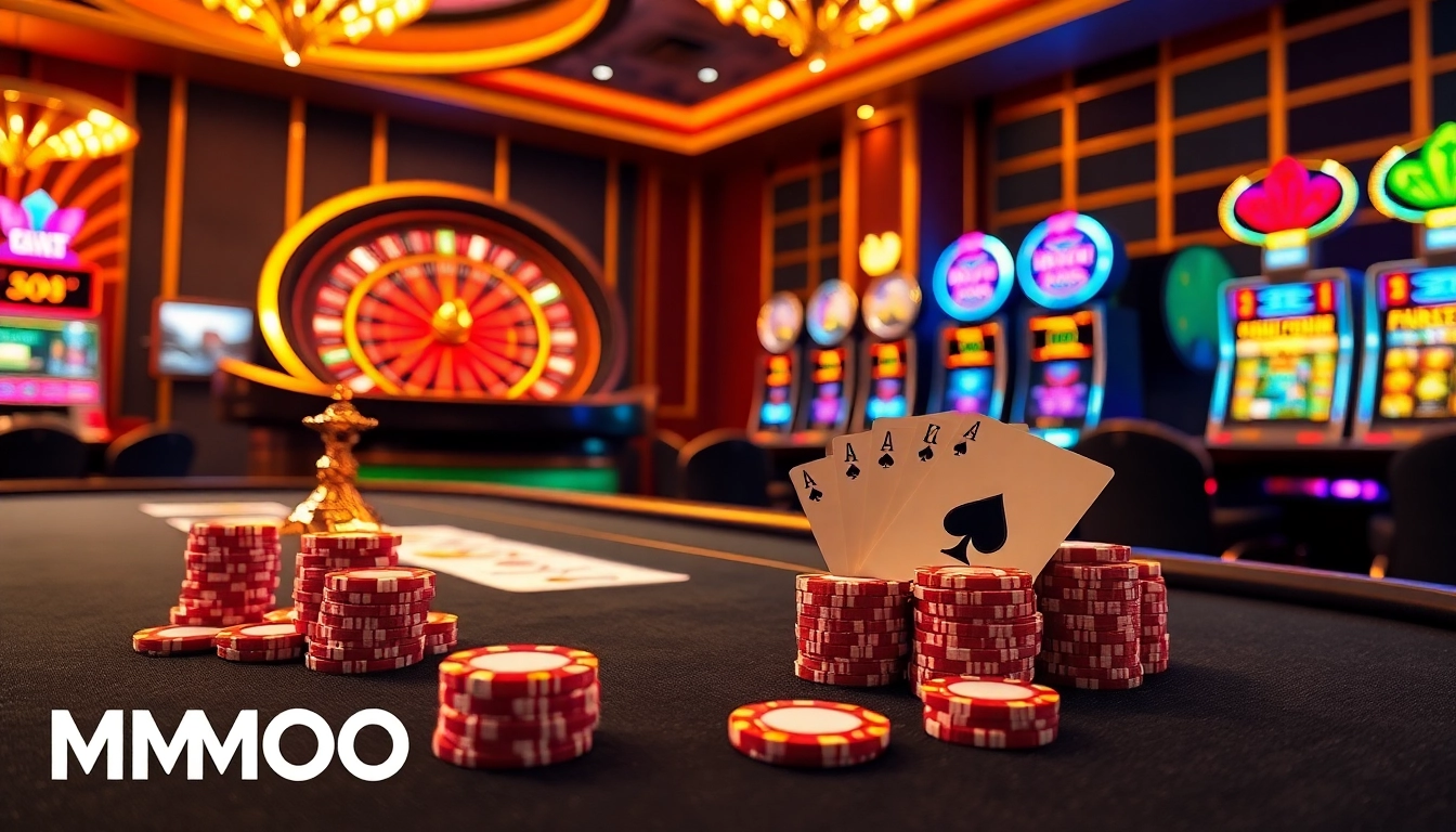 Players engaging in lively casino action with MMOO poker chips and hands in motion.