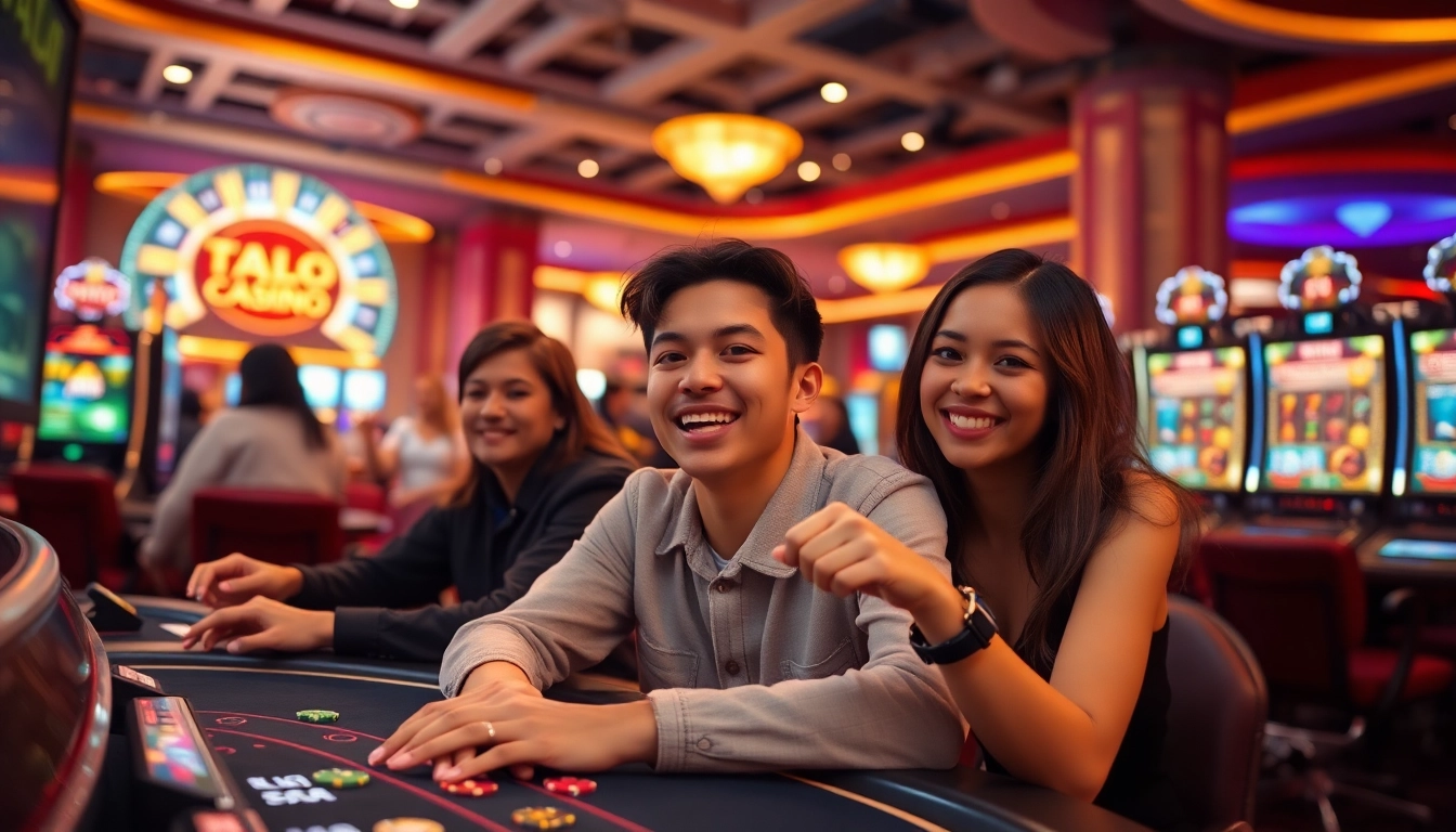 Go8 Casino's vibrant online gaming scene featuring players at poker and slot machines, creating an exciting atmosphere.